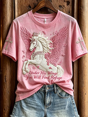 Women's Under His Wings You Will Find Refuge Classy Horse with Wings & Cross Print short-sleeved T-shirt