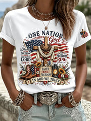 Women's Independence Day Christian One Nation Under God Cross Short Sleeve T-shirt