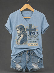 Women's Christian Jesus The Way The Truth The Life Print Casual V-Neck Tee