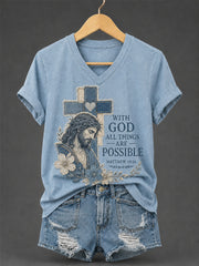 Women's With God All Things Are Possible Print Casual V-Neck Tee