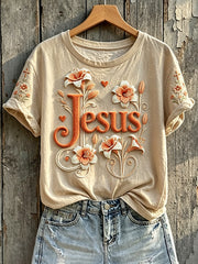 Women's Vintage Jesus Floral Art Print Short-sleeved T-shirt