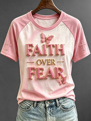 Women's Faith Over Fear Butterfly Print Round Neck Short Sleeve T-shirt