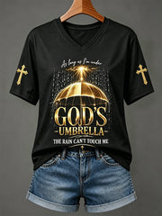 Women's God’s Umbrella Cross Print V Neck Short-sleeved T-shirt