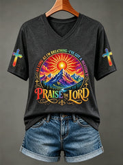 Women's Praise The Lord Faith Print V Neck Short-sleeved T-shirt