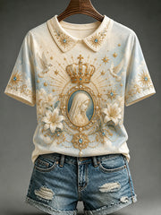 Women's Assumption of Mary Print Fake Two-Piece Collared T-shirt