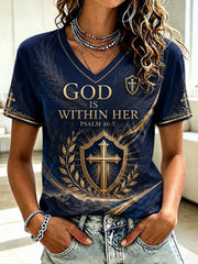 Women's GOD IS WITHIN HER PSALM 46:5 Printed V-neck T-shirt