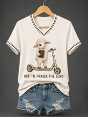Women's Christian Off To Praise The Lord Print Casual V-Neck Tee