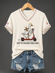Women's Christian Off To Praise The Lord Print Casual V-Neck Tee