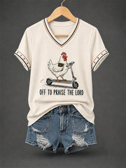 Women's Christian Off To Praise The Lord Print Casual V-Neck Tee