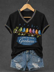 Women's I Will Sing Of The Goodness Of God Psalm 89:1 Christian Bird Print Casual V-Neck Tee