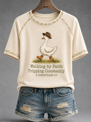 Women's Walking By Faith Tripping Constantly Goose Print Casual Christian Inspirational Tee