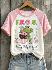 Women's Fully Rely On God Frog with Coffee Cup with Flowers Print Short Sleeve T-shirt