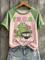 Women's Fully Rely On God Frog with Coffee Cup with Flowers Print Short Sleeve T-shirt