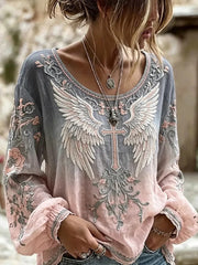 Women's Boho Faith Cross Print Cotton-Linen Shirt