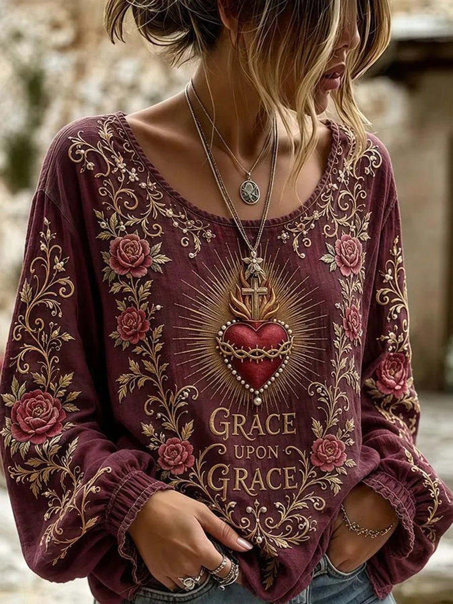 Women's Boho Faith Cross Print Cotton-Linen Shirt