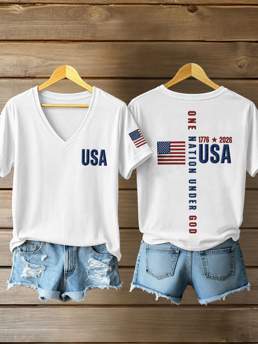 Women's Independence Day Christian One Nation Under God Cross Short Sleeve T-shirt