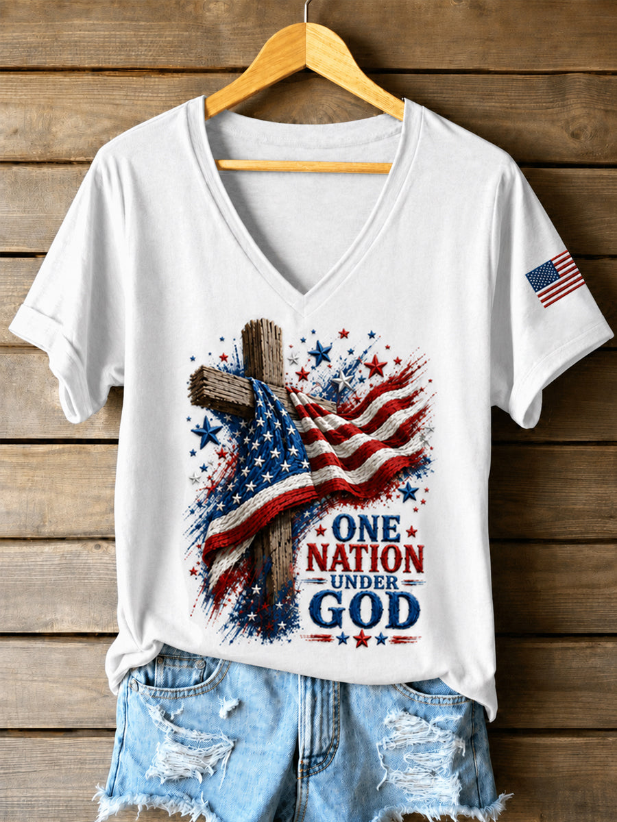 Women's Independence Day Christian One Nation Under God Cross Short Sleeve T-shirt