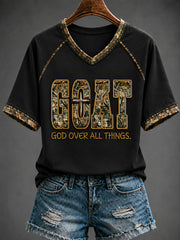 Women's Christian GOAT God Over All Things V-neck Off-shoulder Short-sleeved T-shirt