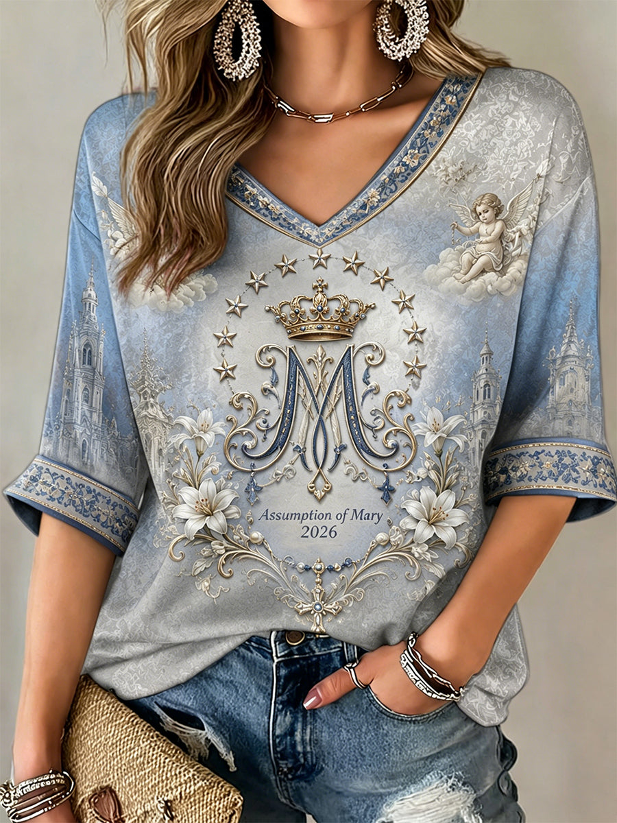 Women's Assumption of Mary Mid-length Sleeves V-Neck T-Shirt