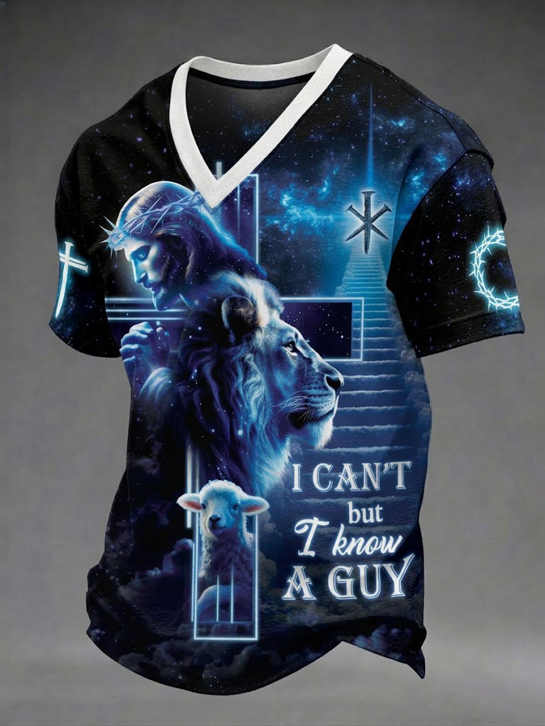 Men's I Can't But The King Of The Cosmos Can Christian Printed V-neck T-shirt