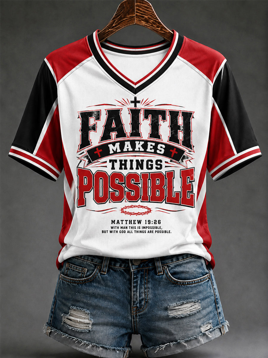 Women's Faith Makes Things Possible Print Casual V-Neck Tee