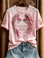 Women's Under His Wings You Will Find Refuge Floral Wings & Cross Print short-sleeved T-shirt