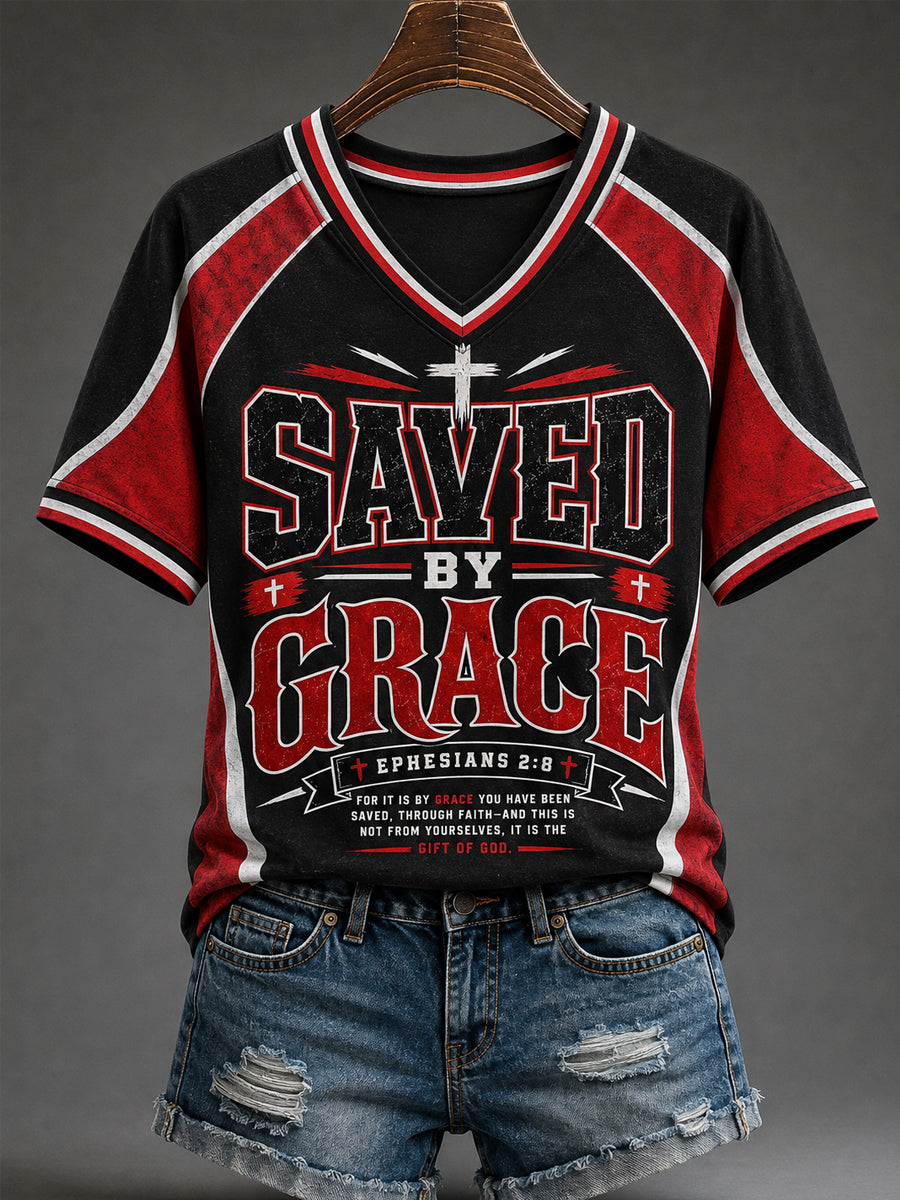 Women's Saved By Grace Print Casual V-Neck Tee
