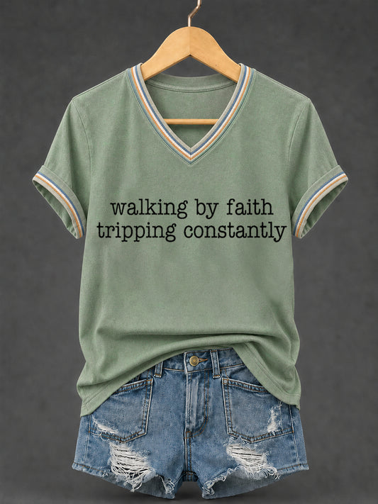 Women's Walking By Faith Tripping Constantly Print Christian Inspirational V-Neck Tee