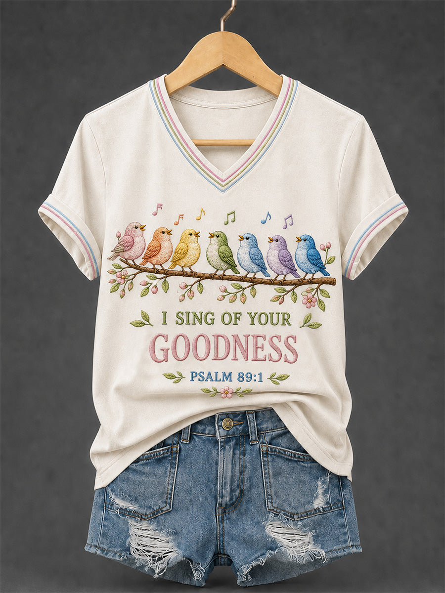 Women's I Sing Of Your Goodness Psalm 89:1 Christian Bird Print Casual V-Neck Tee