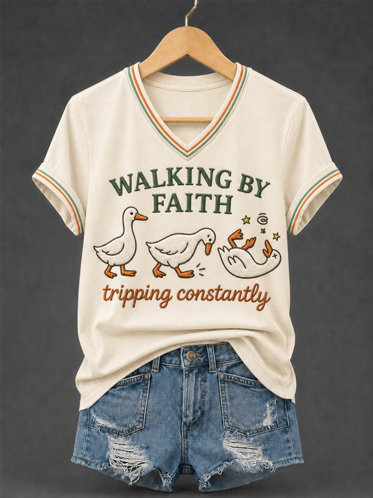 Women's Walking by Faith Tripping Constantly Goose Print Christian Inspirational V-Neck Tee