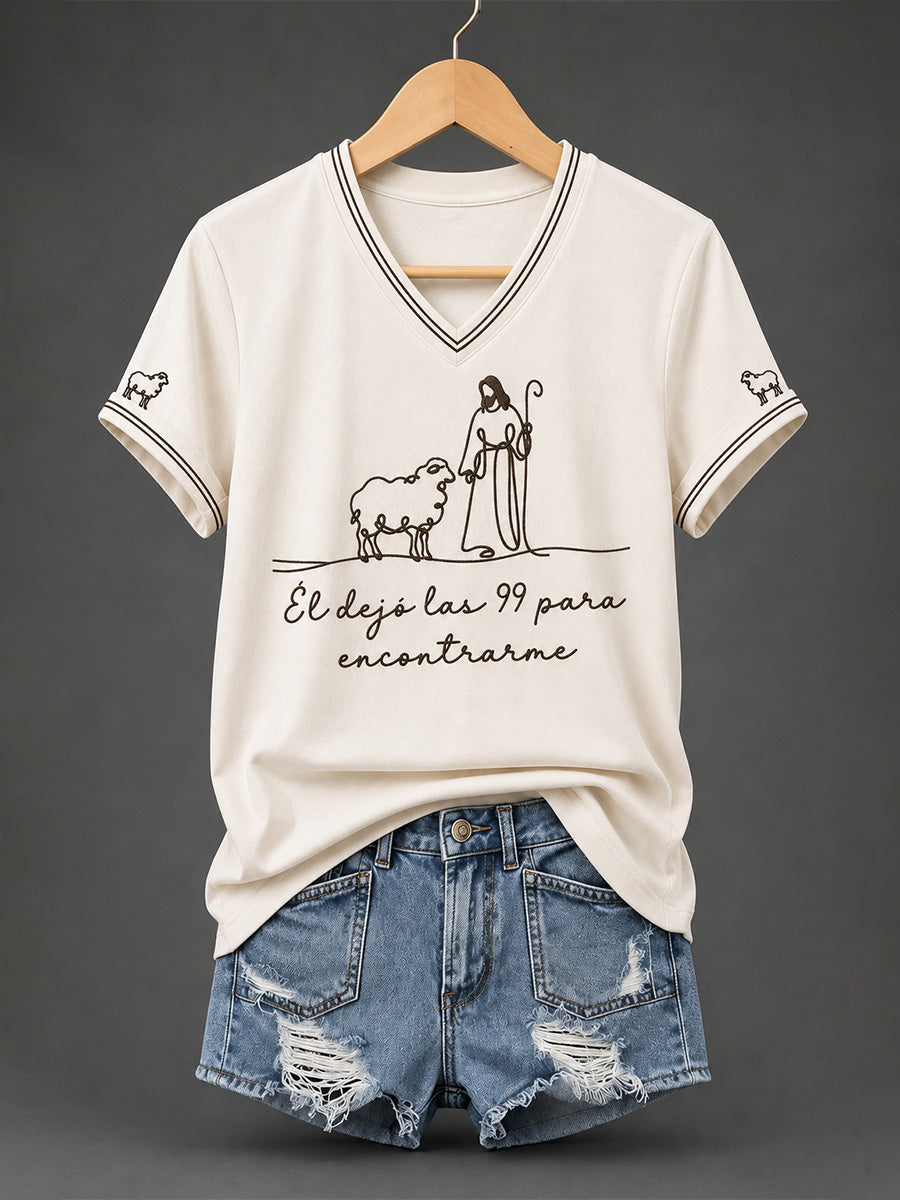 Women's Christian He Left The 99 To Find Me Print Casual V-Neck Tee
