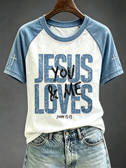 Women's Jesus Loves You and Me Print Round Neck Short Sleeve T-shirt