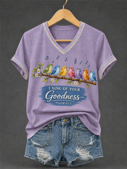 Women's I Will Sing Of The Goodness Of God Psalm 89:1 Christian Bird Print Casual V-Neck Tee