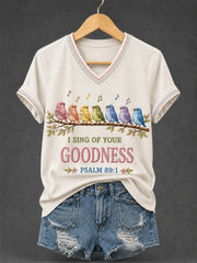 Women's I Sing Of Your Goodness Psalm 89:1 Christian Bird Print Casual V-Neck Tee