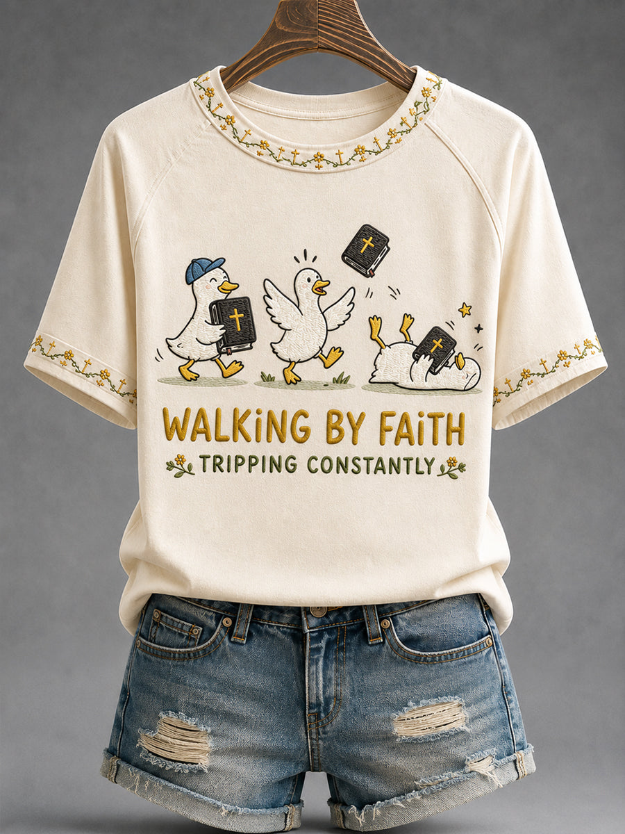 Women's Walking By Faith Tripping Constantly Goose Print Casual Christian Inspirational Tee