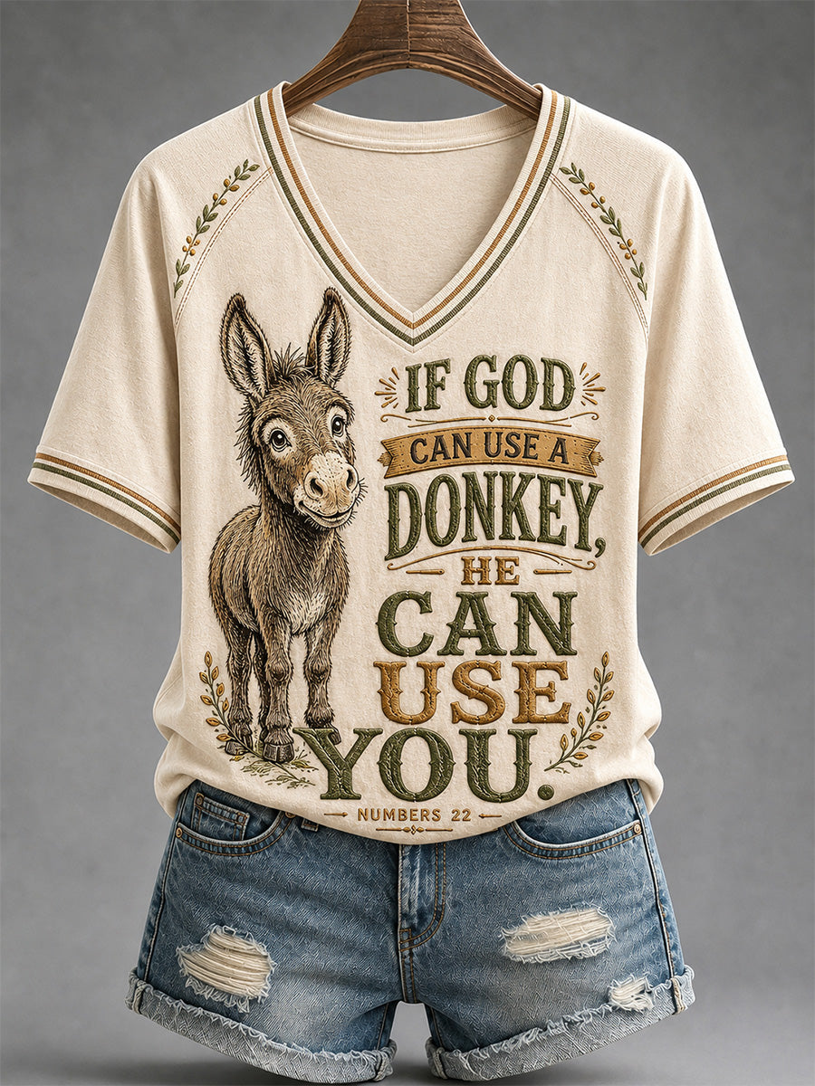 Women's Funny Donkey If God Can Use Donkey He Can Use You Print Casual V-Neck Tee