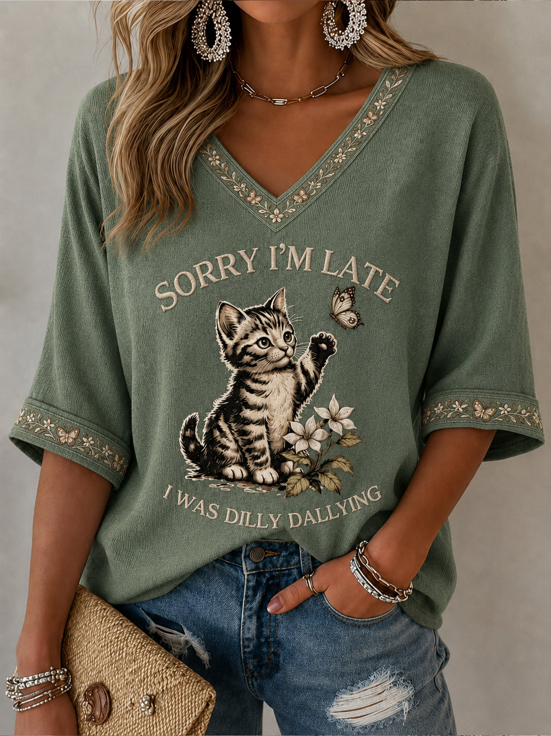 Women's Funny Christian I Was Dilly Dallying Mid-length Sleeves V-Neck T-Shirt