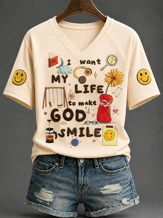 Women's“I Want My Life To Make God Smail” Faith Print Casual T-shirt