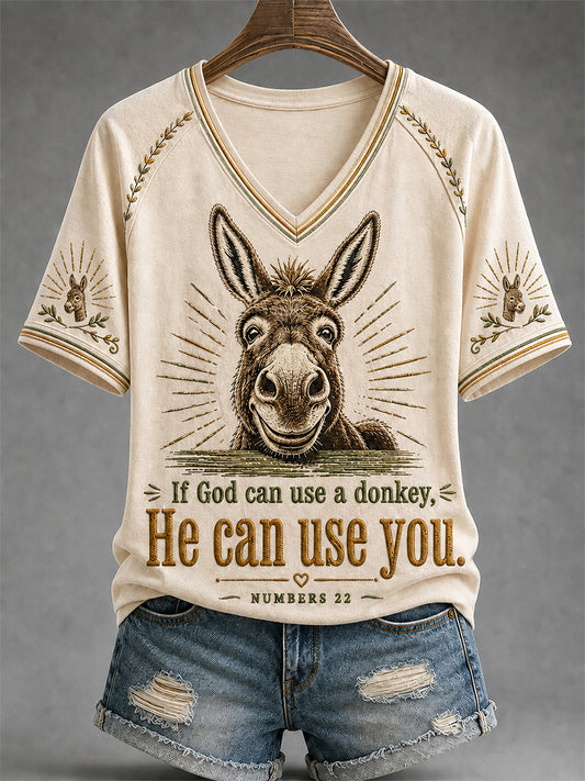 Women's Funny Donkey If God Can Use Donkey He Can Use You Print Casual V-Neck Tee