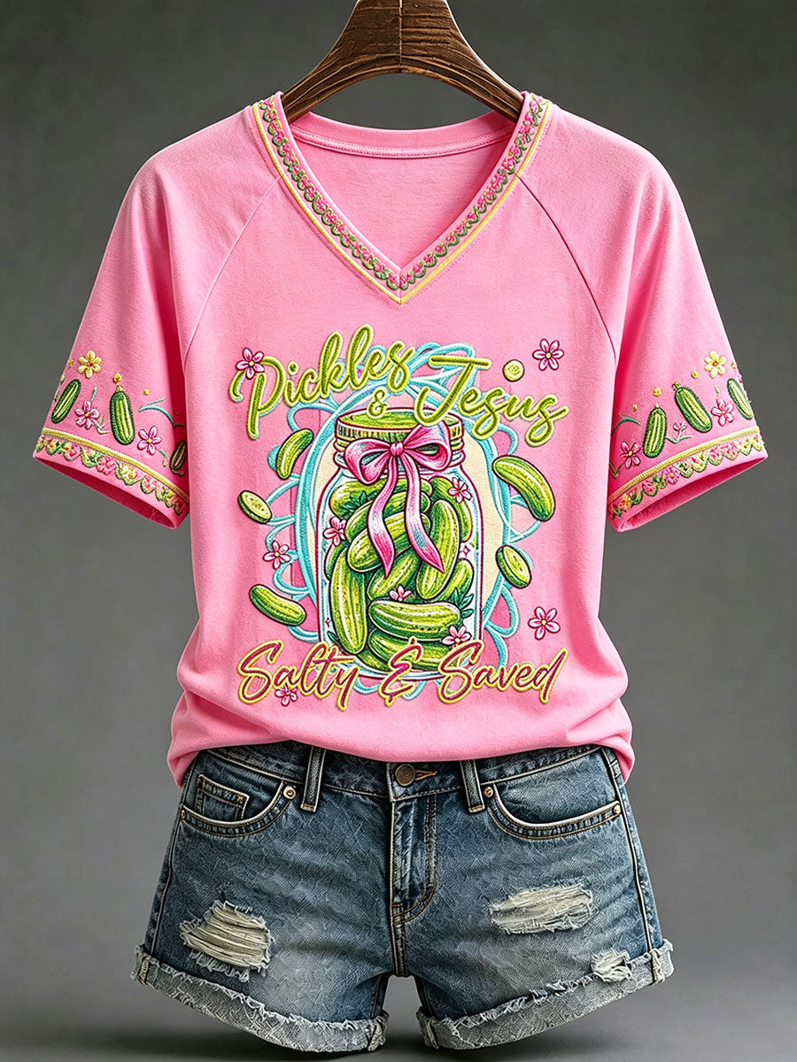 Women's "Pickles & Jesus, Salty & Saved" Christian V-Neck T-Shirts