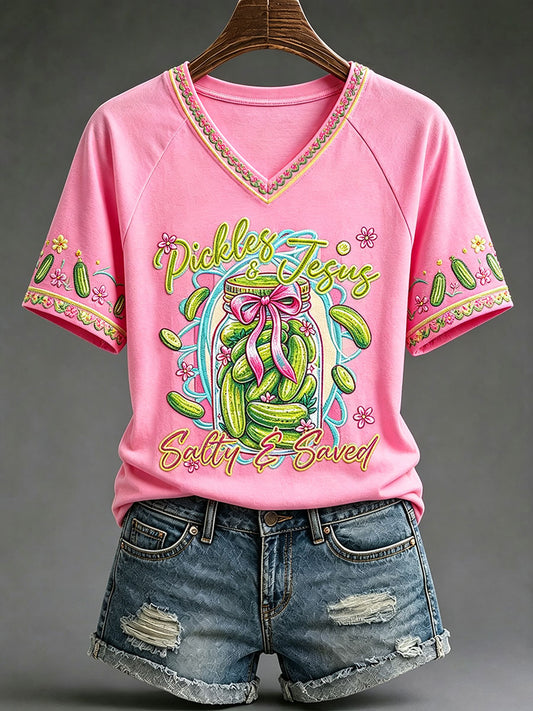 Women's "Pickles & Jesus, Salty & Saved" Christian V-Neck T-Shirts
