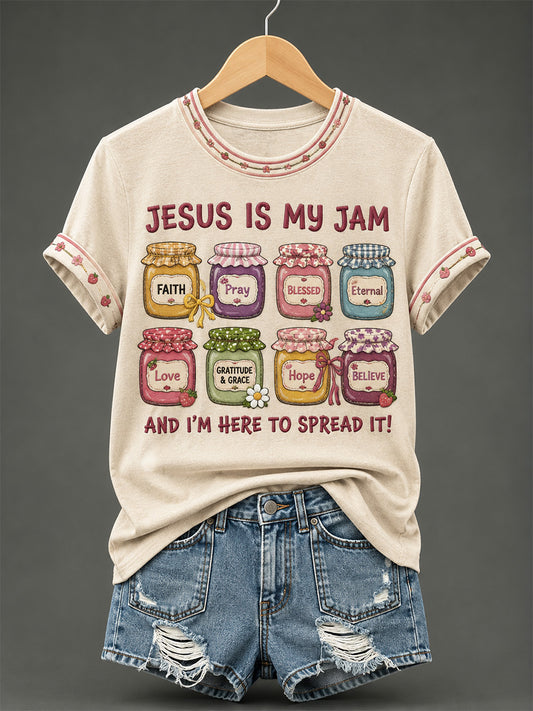 Women's Jesus Is My Jam And I'm Here To Spread It Print Casual Tee