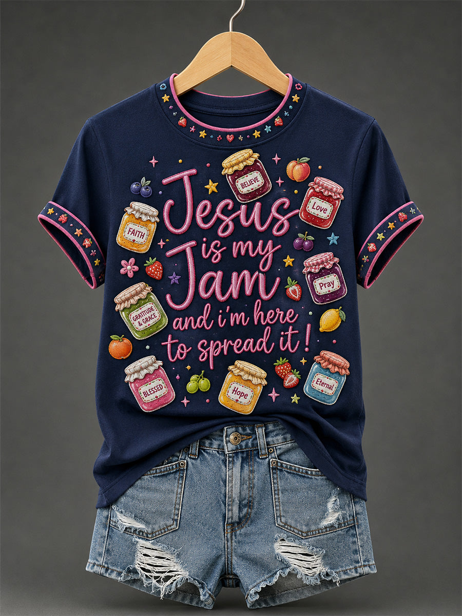 Women's Jesus Is My Jam And I'm Here To Spread It Print Casual Tee