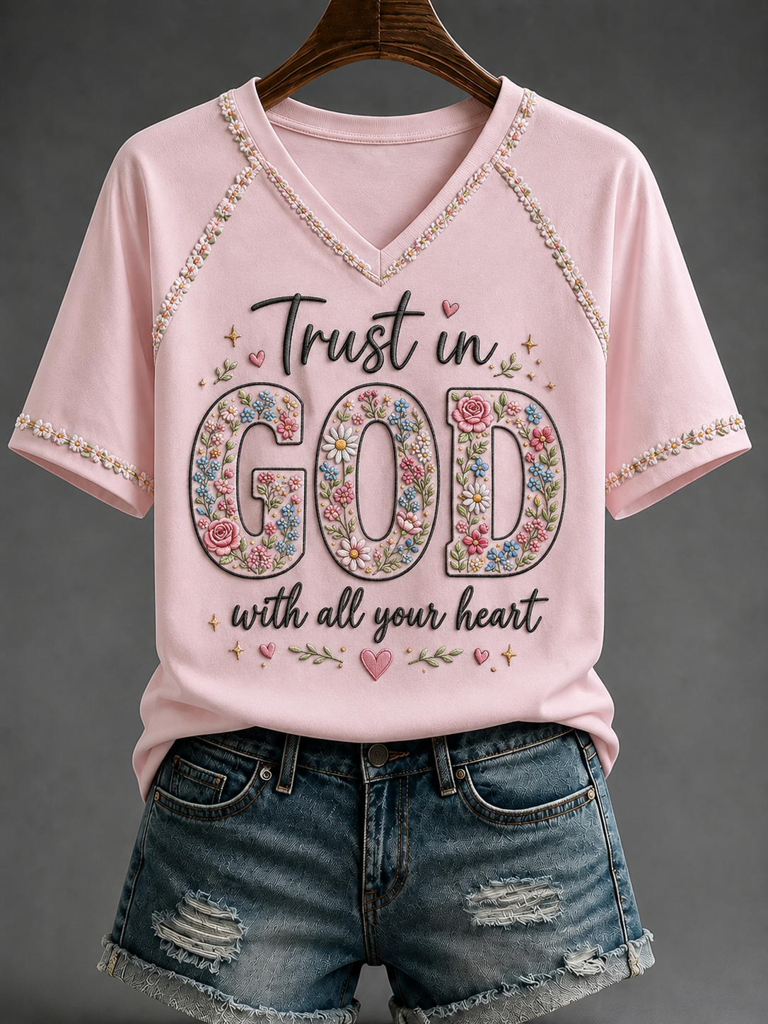 Women's God V-neck Off-shoulder Short-sleeved T-shirt