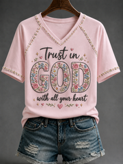 Women's God V-neck Off-shoulder Short-sleeved T-shirt