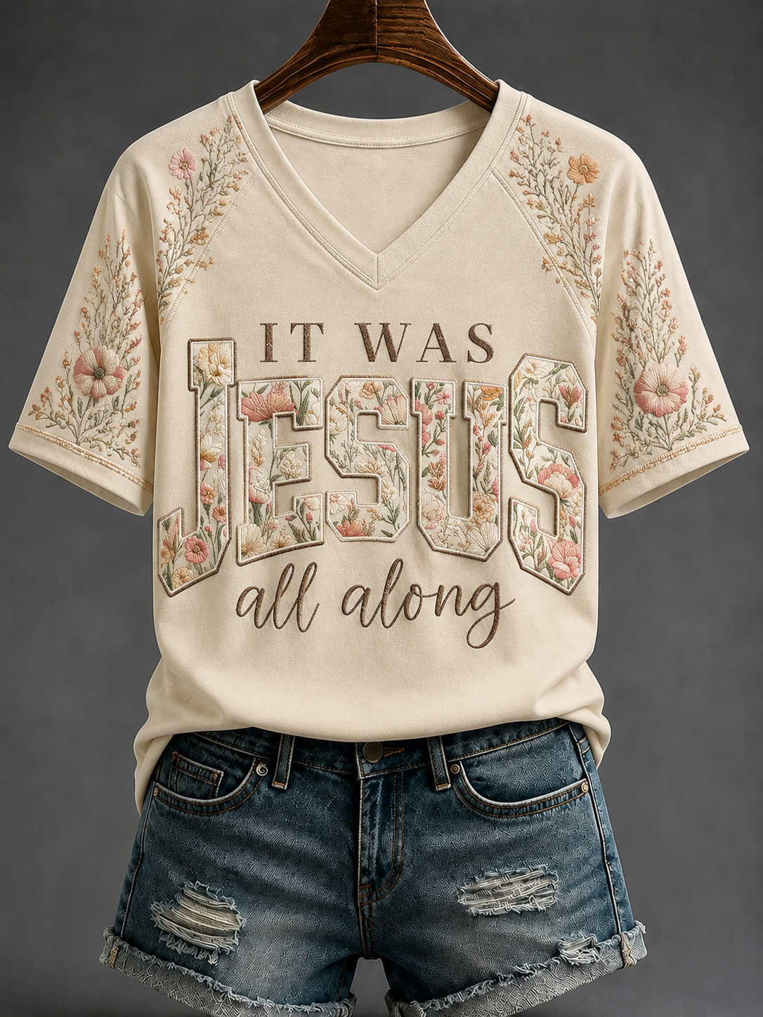 Women's Jesus V-neck Off-shoulder Short-sleeved T-shirt