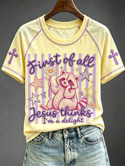 Women's First of All Jesus Thinks I'm A Delight Christian Raccoon Floral Print Short Sleeve T-shirt