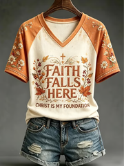 Women's Fall Casual Faith Graphic Print V-neck off-shoulder short-sleeved T-shirt