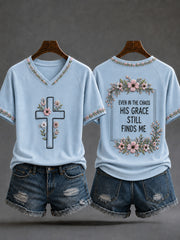 Women's Christian Even In The Chaos His Grace Still Finds Me Cross V-neck Off-shoulder Short-sleeved T-shirt