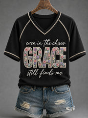 Women's Christian Even In The Chaos His Grace Still Finds Me Cross V-neck Off-shoulder Short-sleeved T-shirt